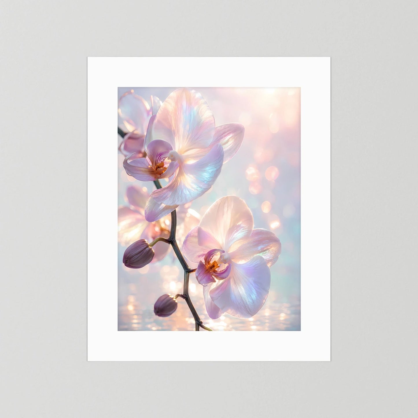 Orchideen-Kunstposter mit weißem Rand, Pastellorchideen auf sanft schimmerndem Hintergrund