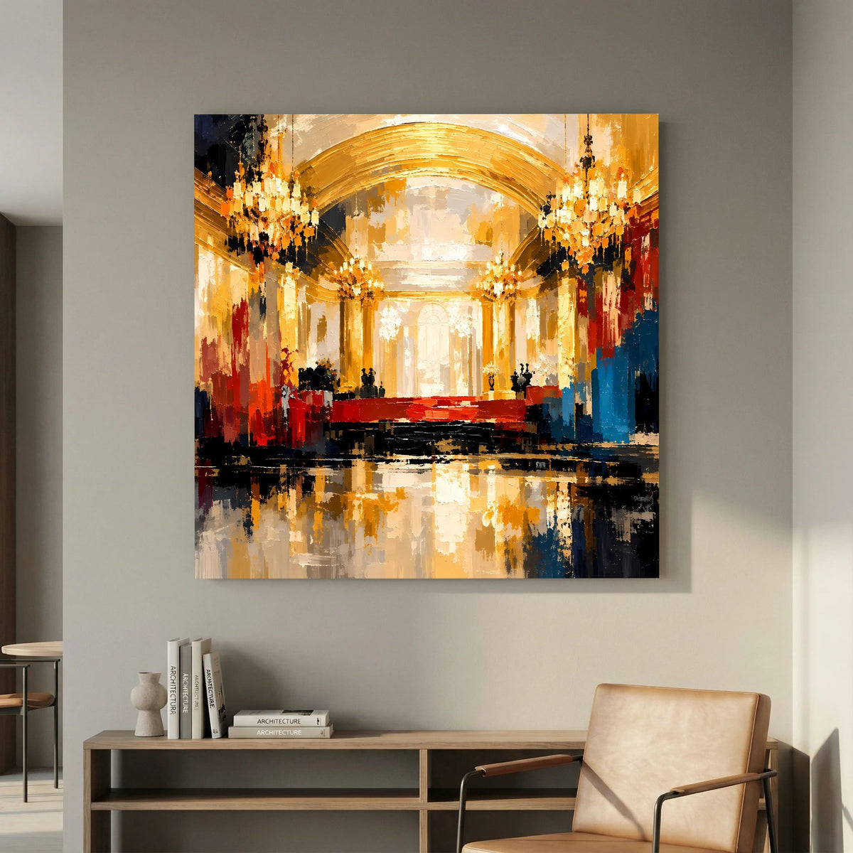 Leinwand Abstraktes Palast Saal Gemälde | Modernes Elegantes Wandbild Ballsaal Gold Rot