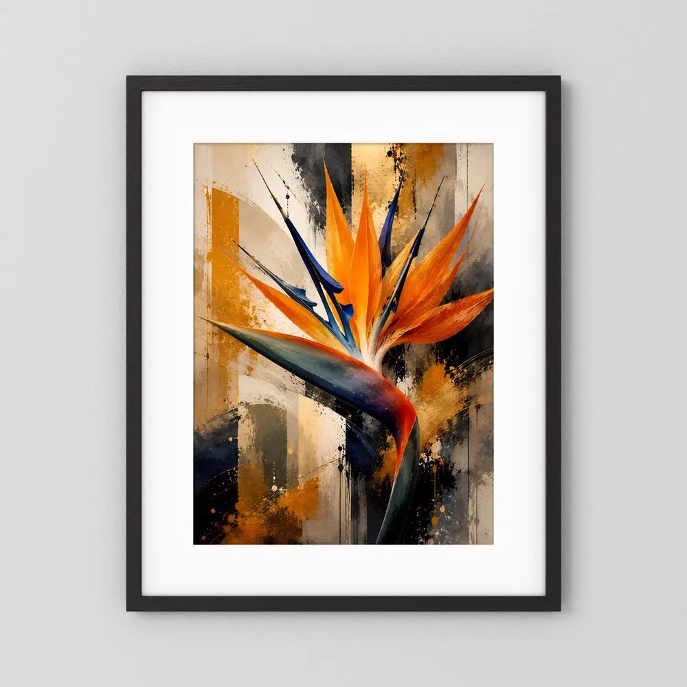 Abstraktes Poster im Hochformat mit schwarzem Rahmen und weißem Rand: orange-blaue Strelitzie
