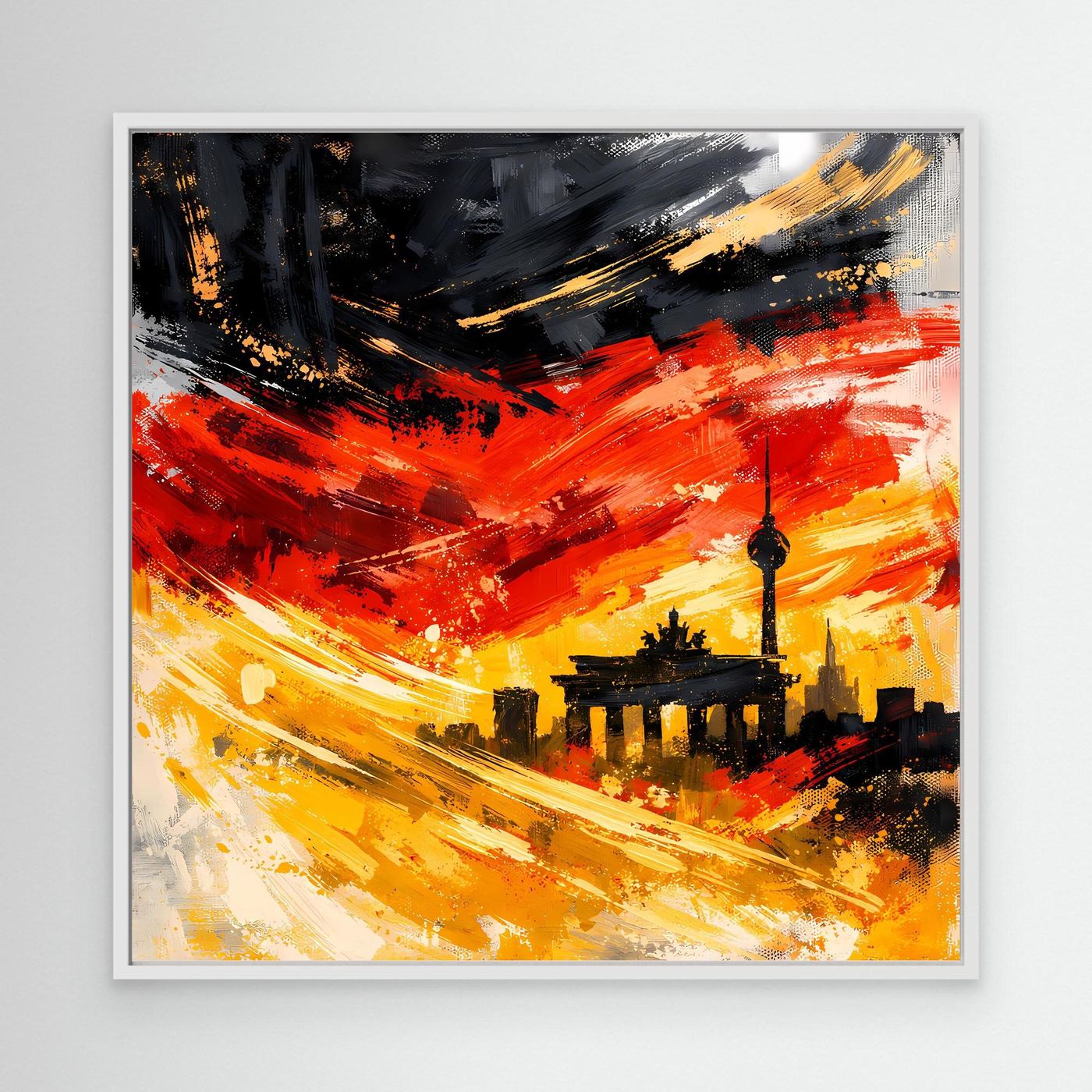 Leinwandbild Skyline Berlin mit weißem Rahmen, abstrakte Farben in Rot, Gelb und Schwarz