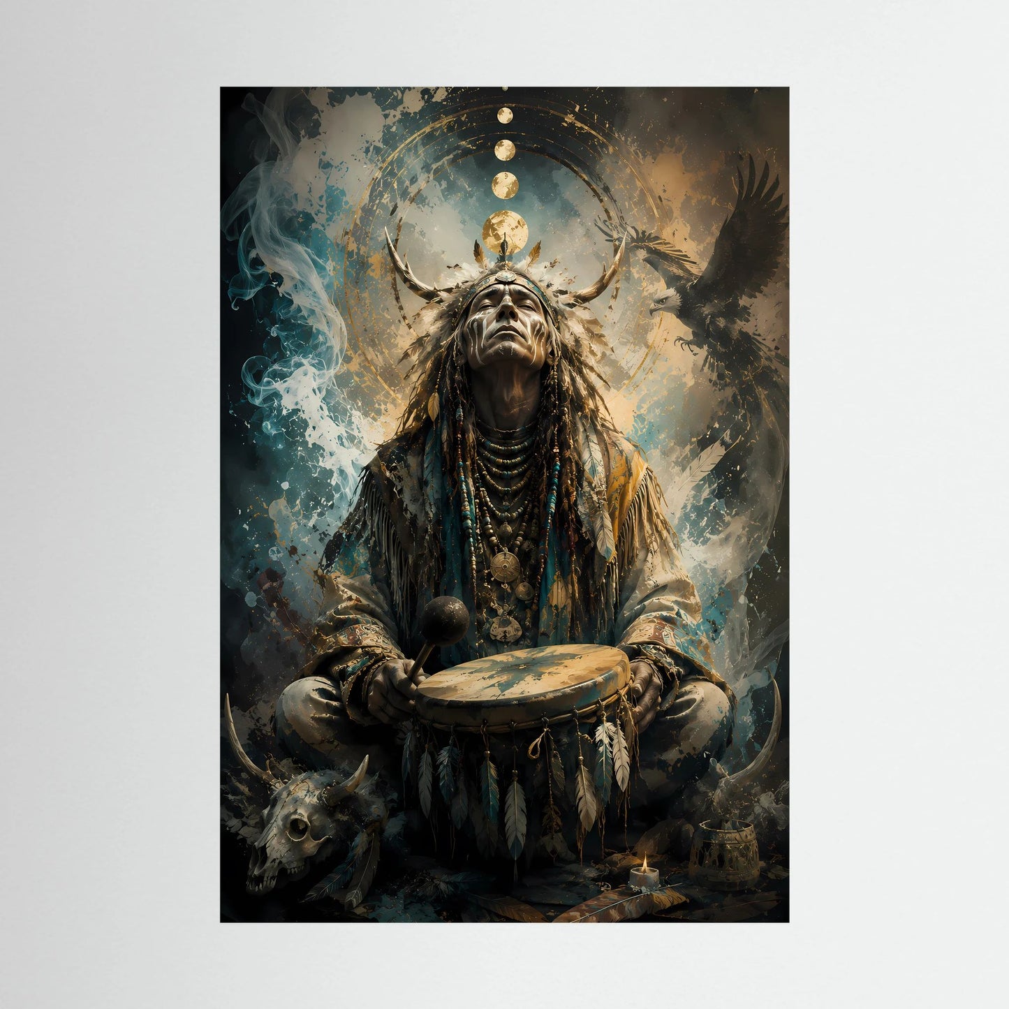 Hochformatiges Kunstposter mit Schamane am Trommel, Adlermotiv in Blau- und Goldtönen