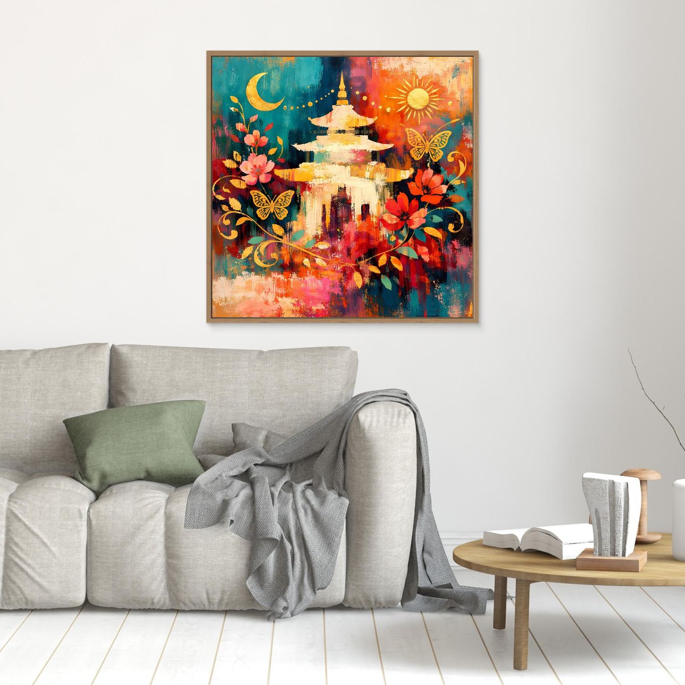 Kleines Wandbild im hellen Holzrahmen mit goldener Pagode, Mond, Sonne und Blüten