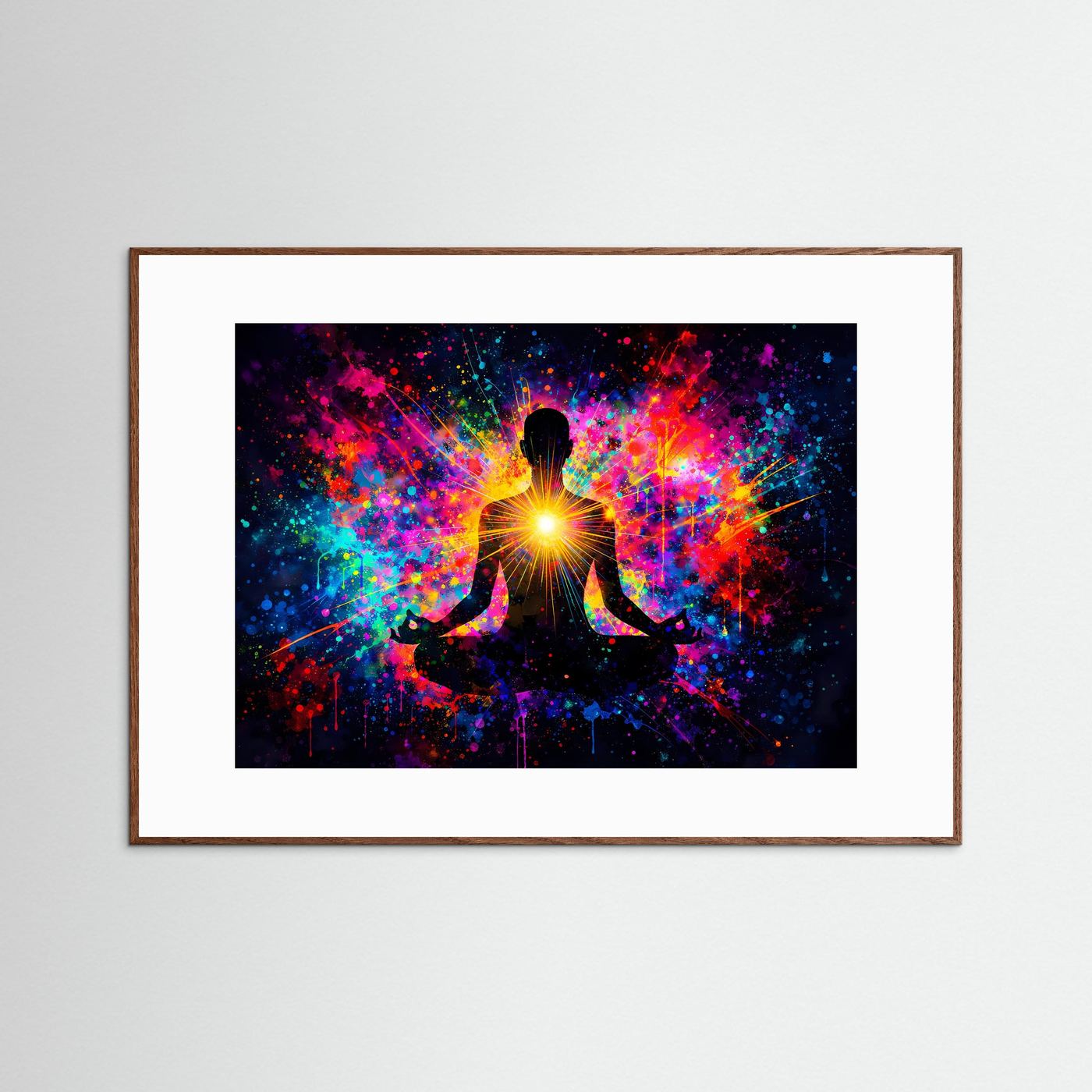 Meditationsposter mit strahlendem Herz-Chakra im Farbrausch, dunkelbraun gerahmt mit weißem Rand