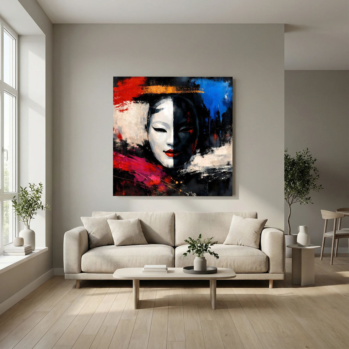 Abstraktes Leinwandbild mit Geisha-Maske im Pop-Art-Stil, weißes Gesicht, rot-blau-schwarze Spritzer