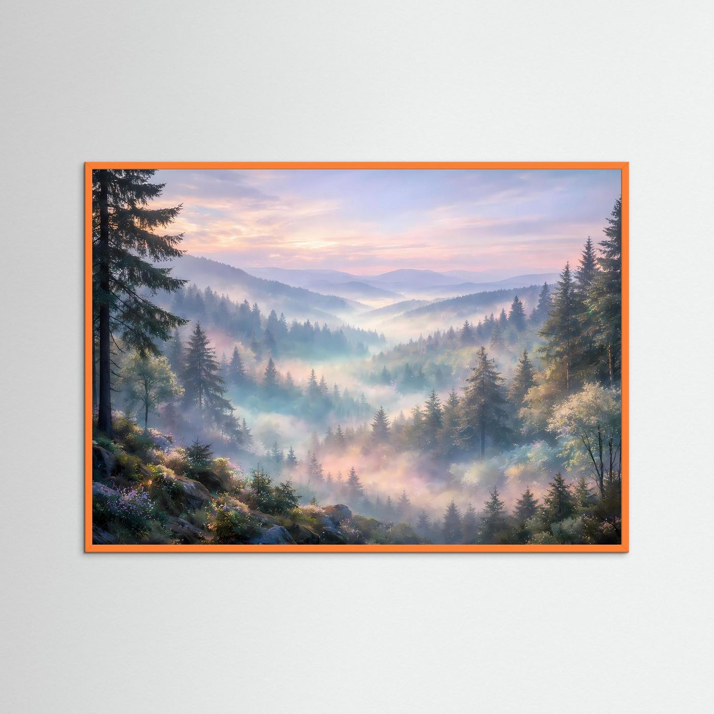 Wandposter mit Berglandschaft im Nebeltal, mit orangefarbenem Rahmen