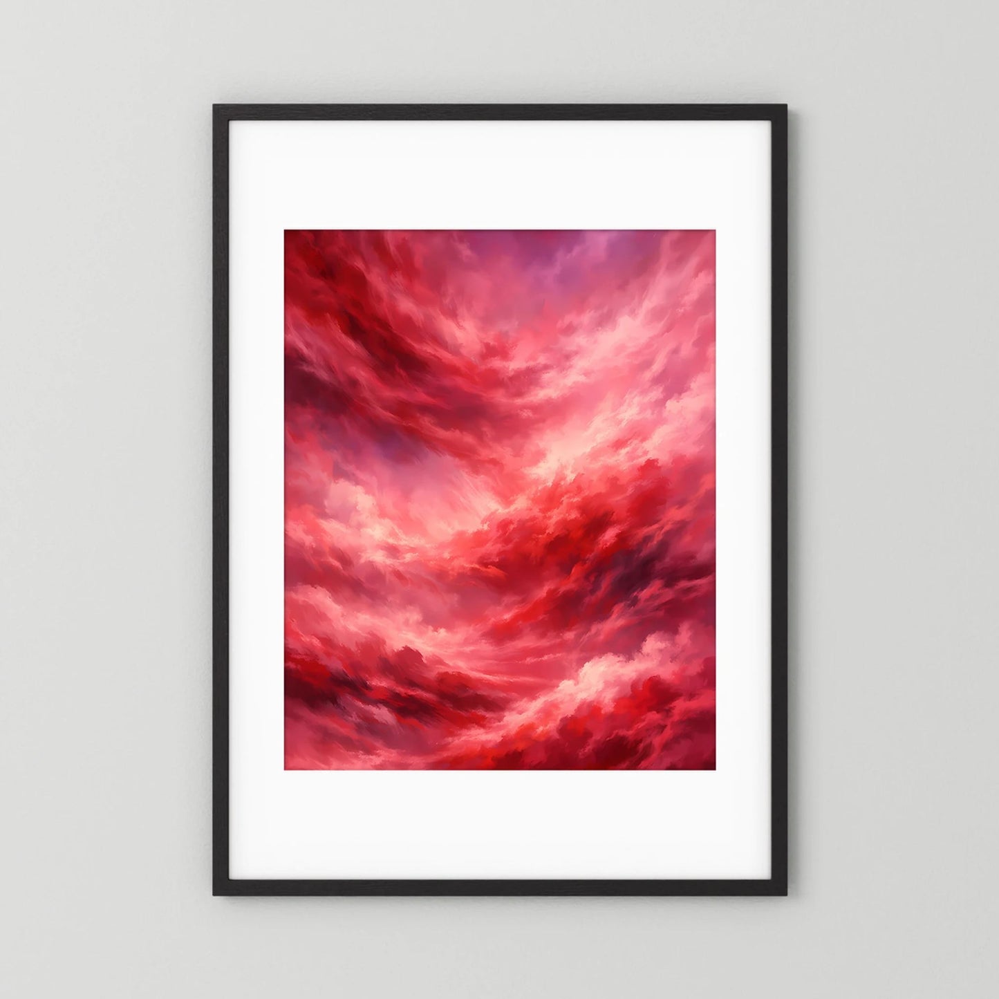 Hochformat-Poster mit rotem Wolkenhimmel, schwarzer Holzrahmen mit weißem Passepartout.