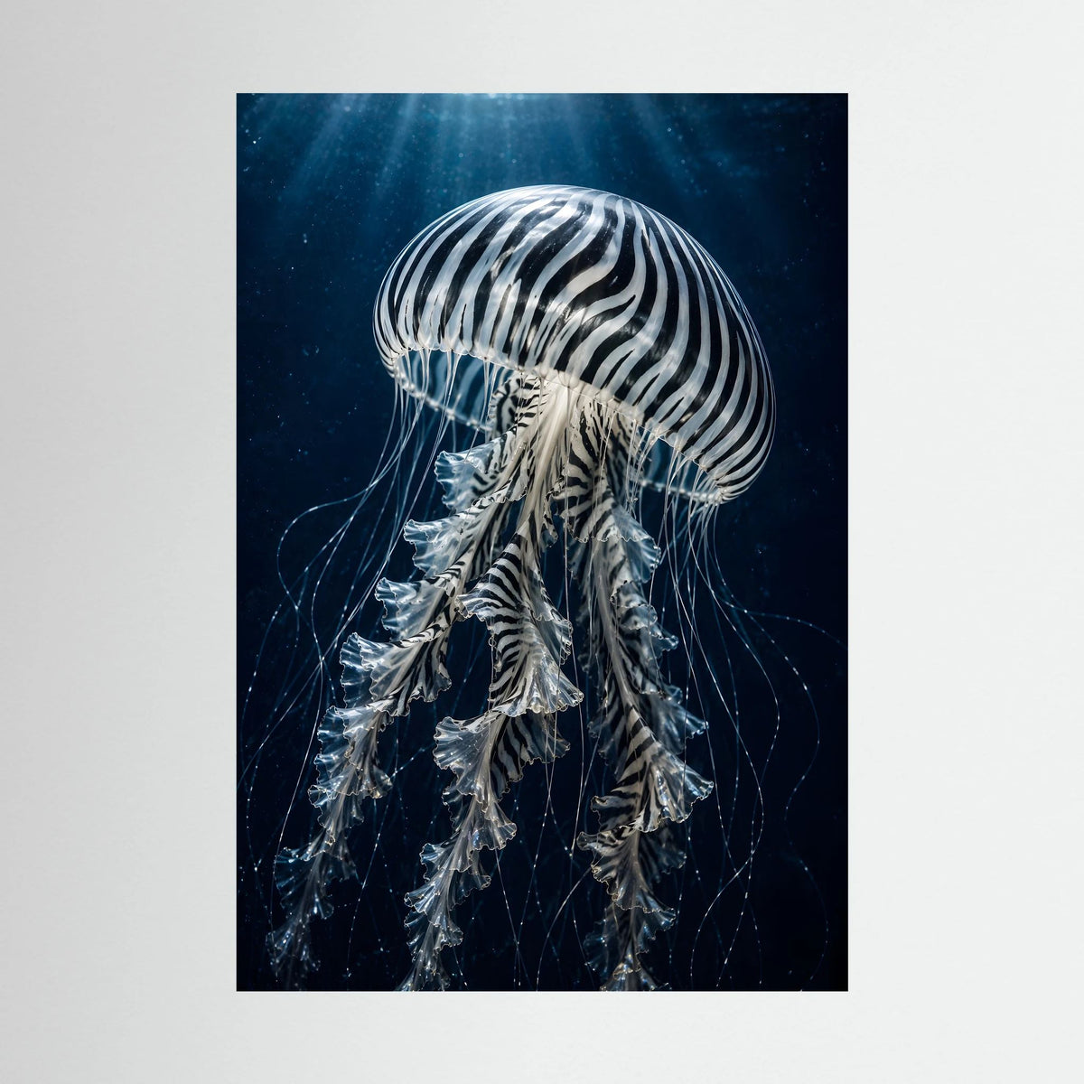 Hochformatiges Poster mit Schwarz-Weiß-Medusenmotiv auf tiefblauem Hintergrund