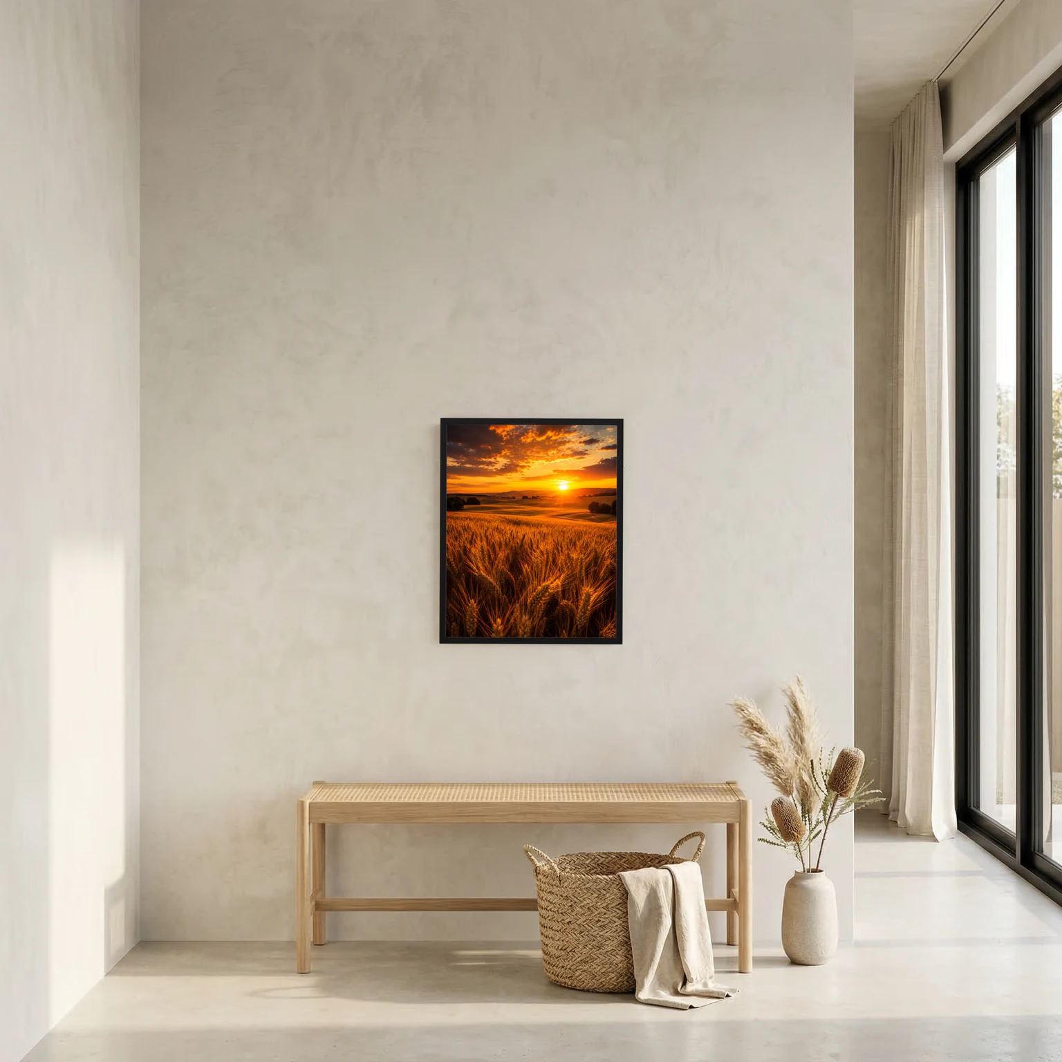 Wandposter mit goldenem Weizenfeld und Sonnenuntergang im dunklen Rahmen, hochkant