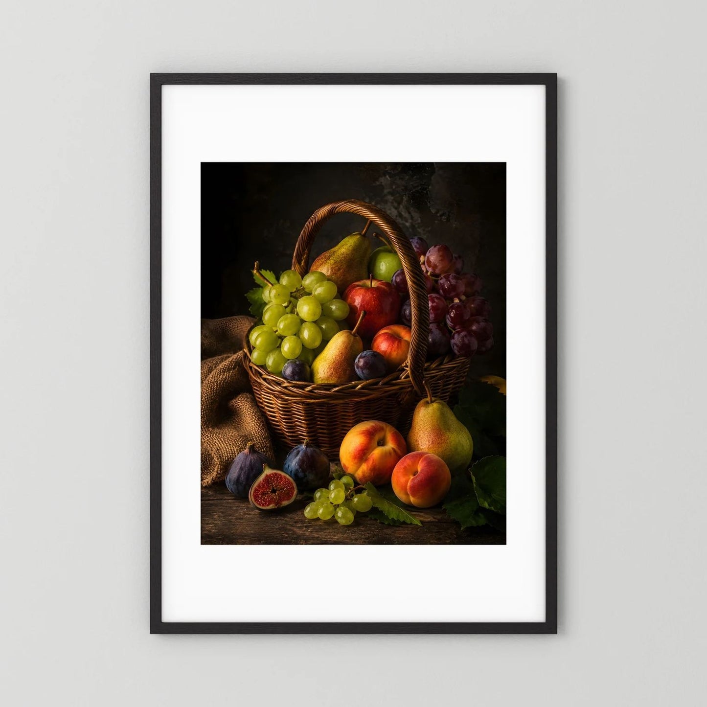 Poster mit Obstkorb-Stillleben, vertikal, schwarzer Rahmen mit weißem Passepartout