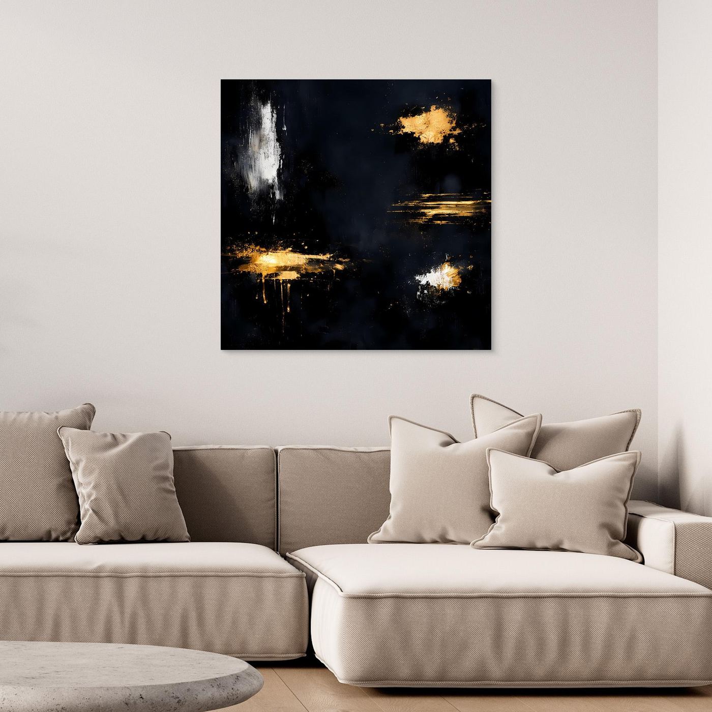 Leinwand Goldene Lichtakzente auf Schwarz | Modernes Abstraktes Minimalismus Wandbild