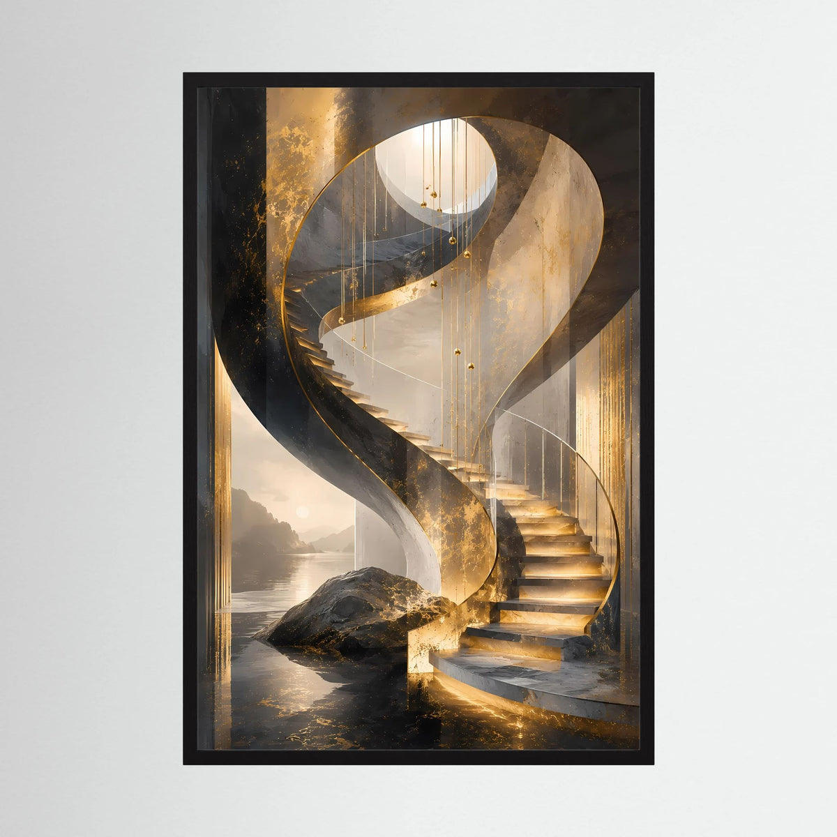 Poster im Hochformat mit schwarzem Rahmen, abstrakte goldene Spiraltreppe auf dunklem Hintergrund