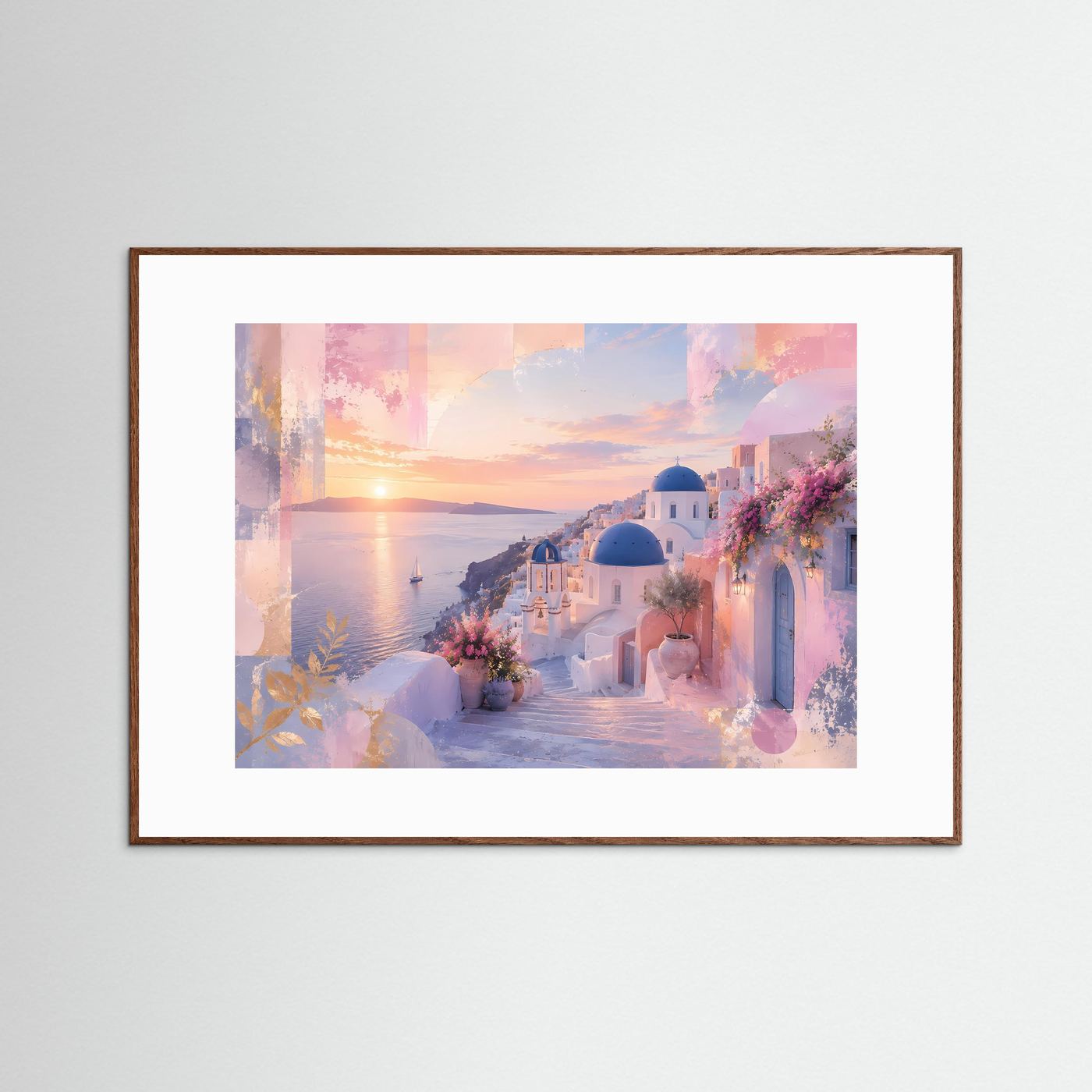 Santorini Poster | Pastell Griechenland Wandbild | Mediterrane Küstenlandschaft | Abstrakte Architektur Kunst | Sonnenuntergang Leinwand