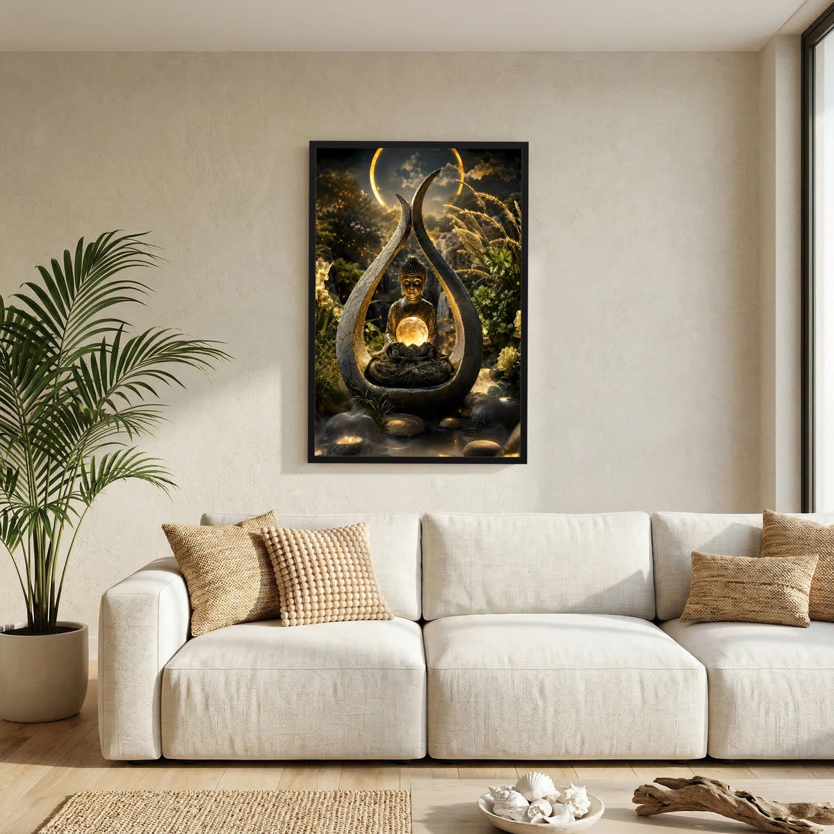 Hochformatiges Kunstposter: meditierrender Buddha mit goldener Lichtkugel im Tropfen-Relief, schwarzer Rahmen