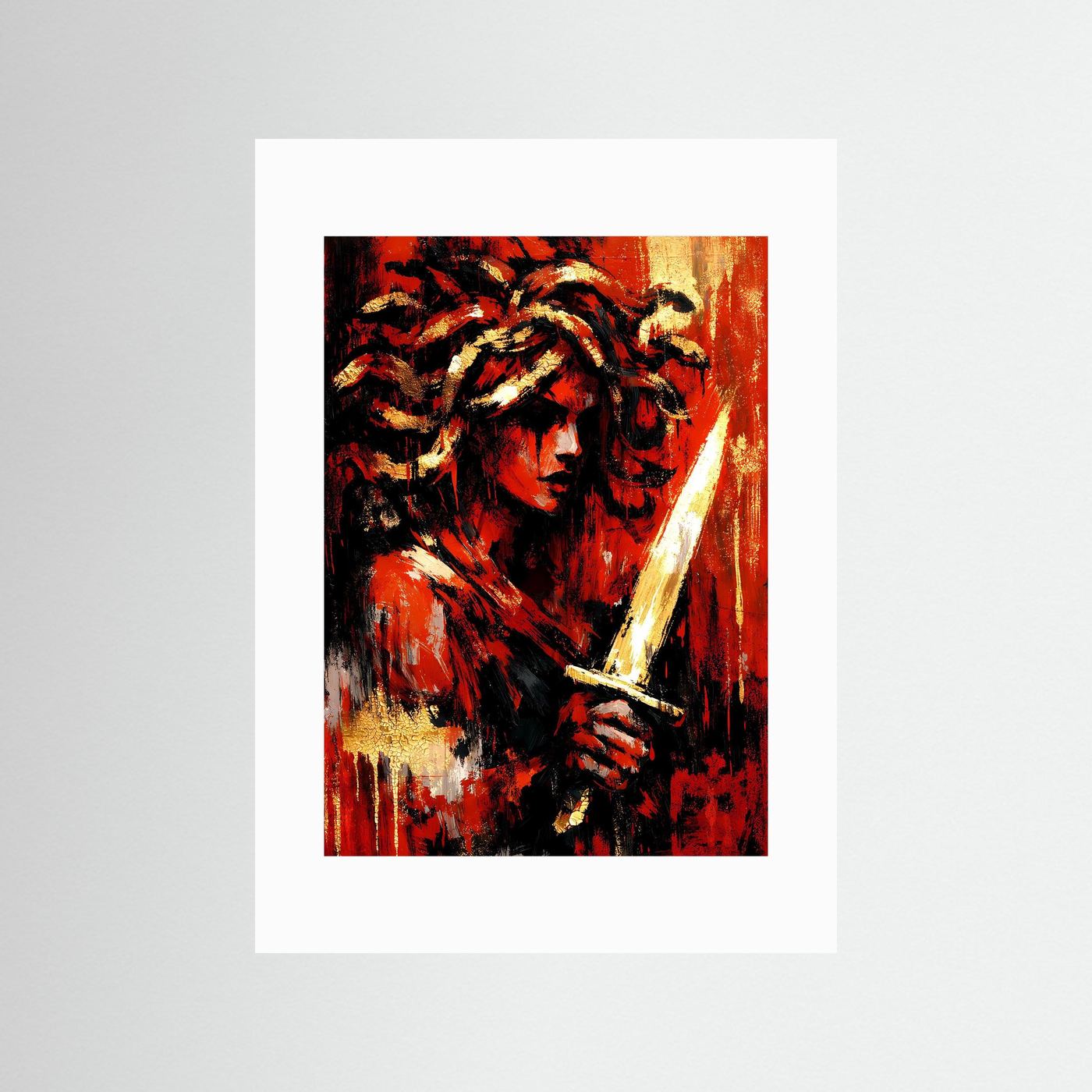Hochformat-Kunstposter mit weißem Passepartout: abstraktes Frauenporträt, Rot, Gold, Schwarz