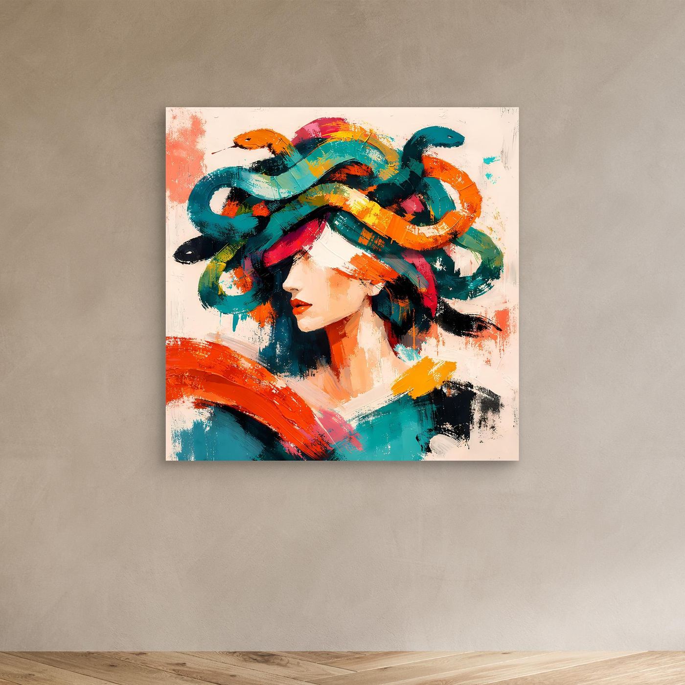 Leinwandbild mit Pop-Art-Porträt einer Frau und bunten, abstrakten Medusen-Schlangen