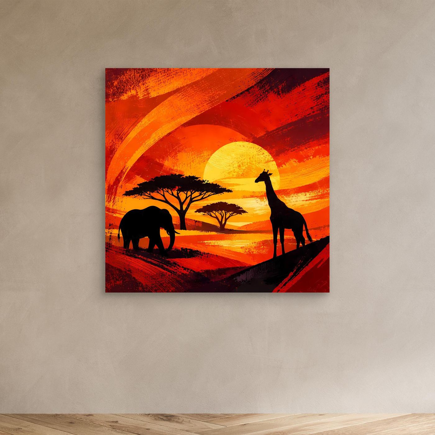 Kleines Leinwandbild an der Wand: Silhouetten von Giraffe und Elefant im warmen Sonnenuntergang