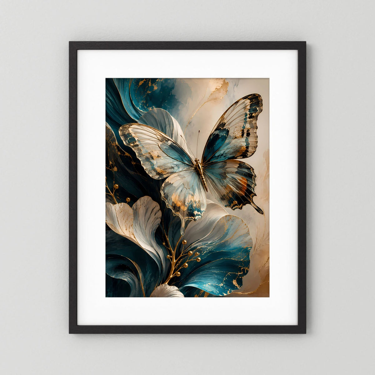 Eleganter Schmetterling in Petrol und Gold | Abstrakte florale Kunst | Poster Hochformat
