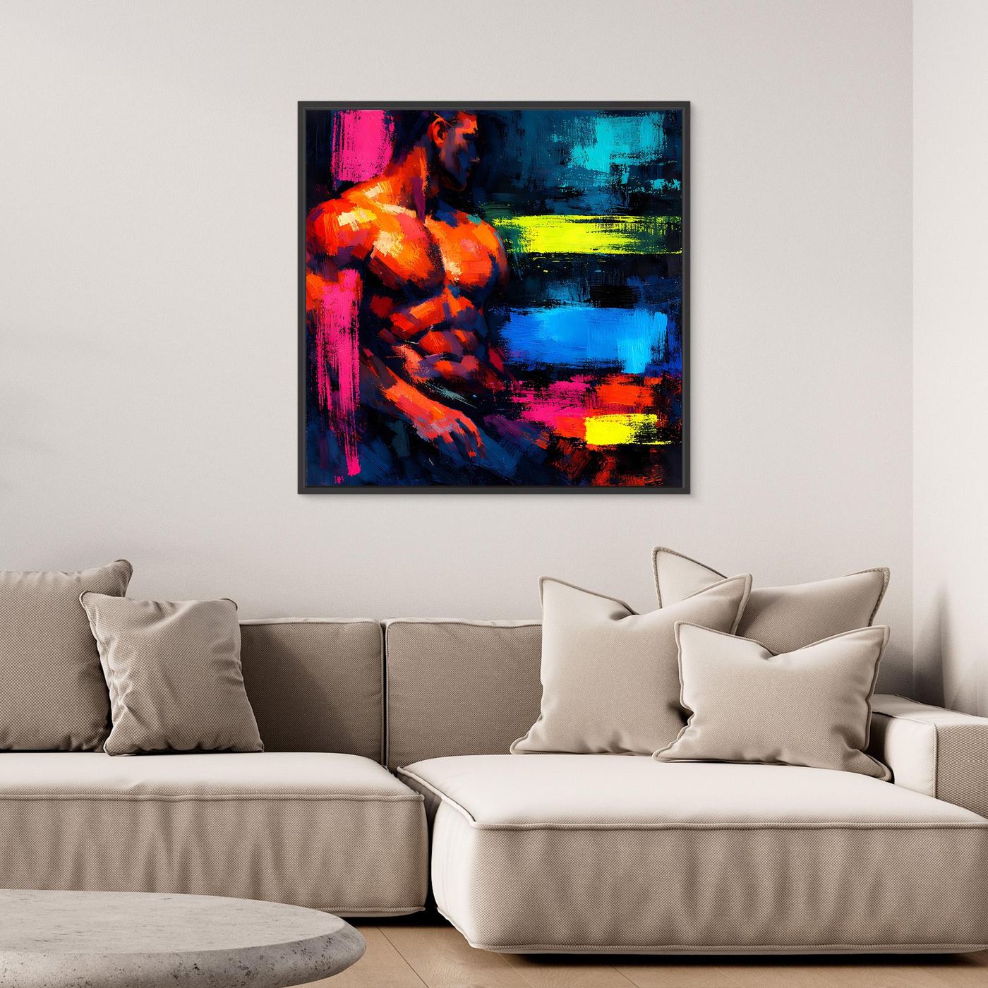 Leinwandbild Abstrakter Männlicher Torso | Moderner Neon-Kunst Wandbild auf echtem Holzkeilrahmen