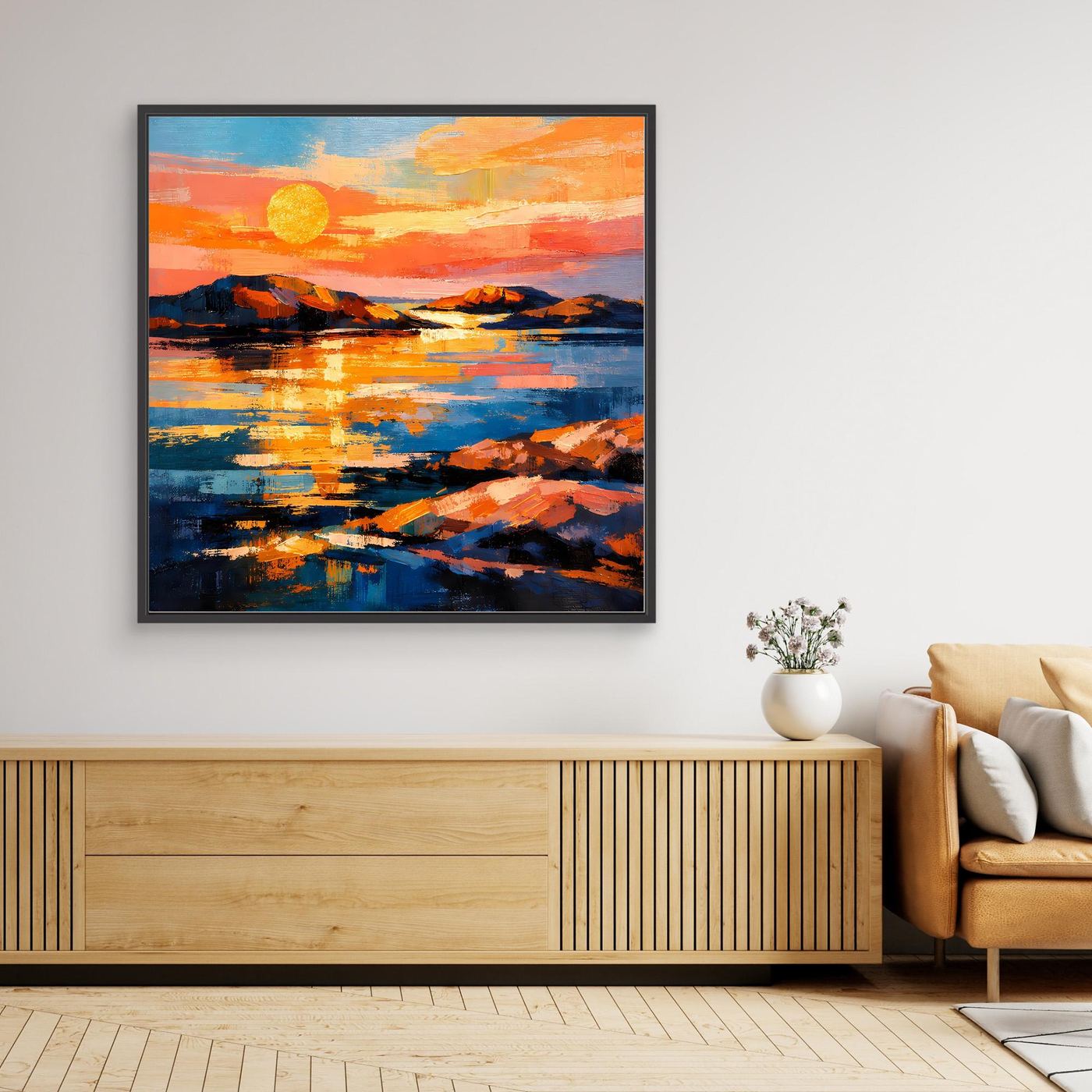 Abstraktes Leinwand-Wandbild mit Sonnenuntergang über dem Meer, schwarz gerahmt