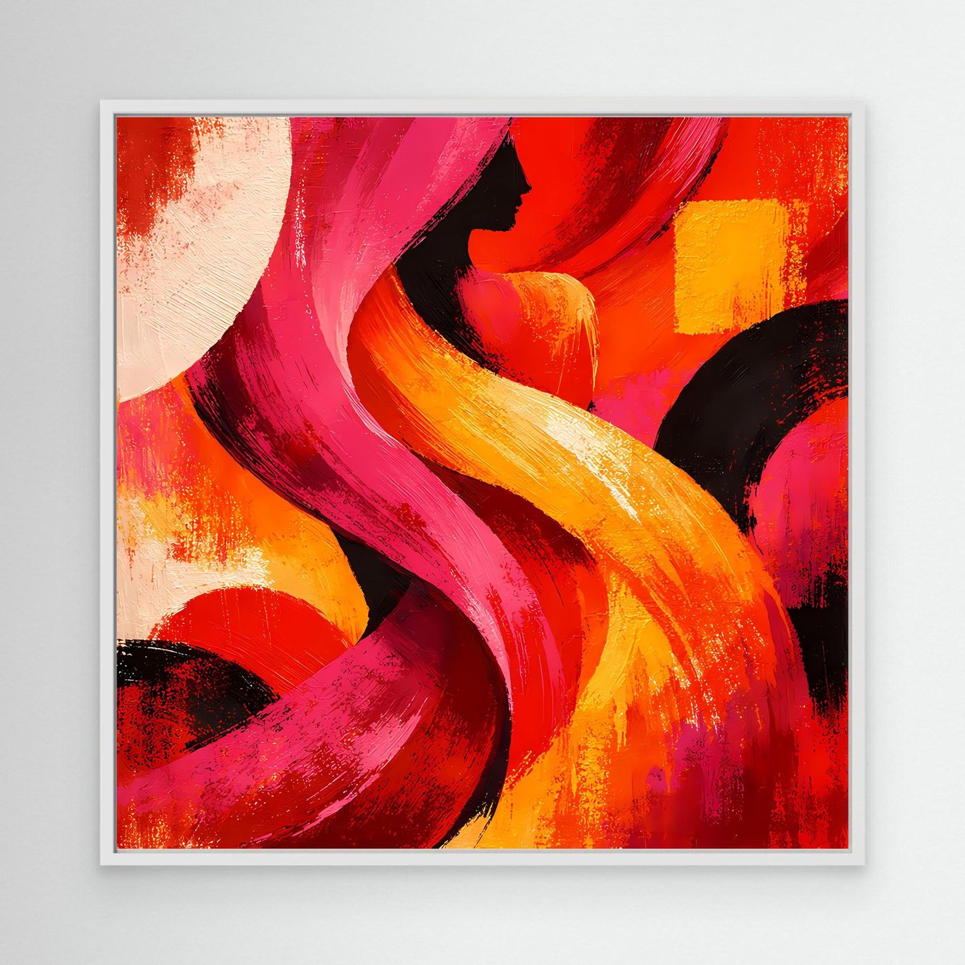 Leinwandbild mit abstraktem Silhouettenmotiv, rot, pink und gelbe Farbwirbel, weiß gerahmt