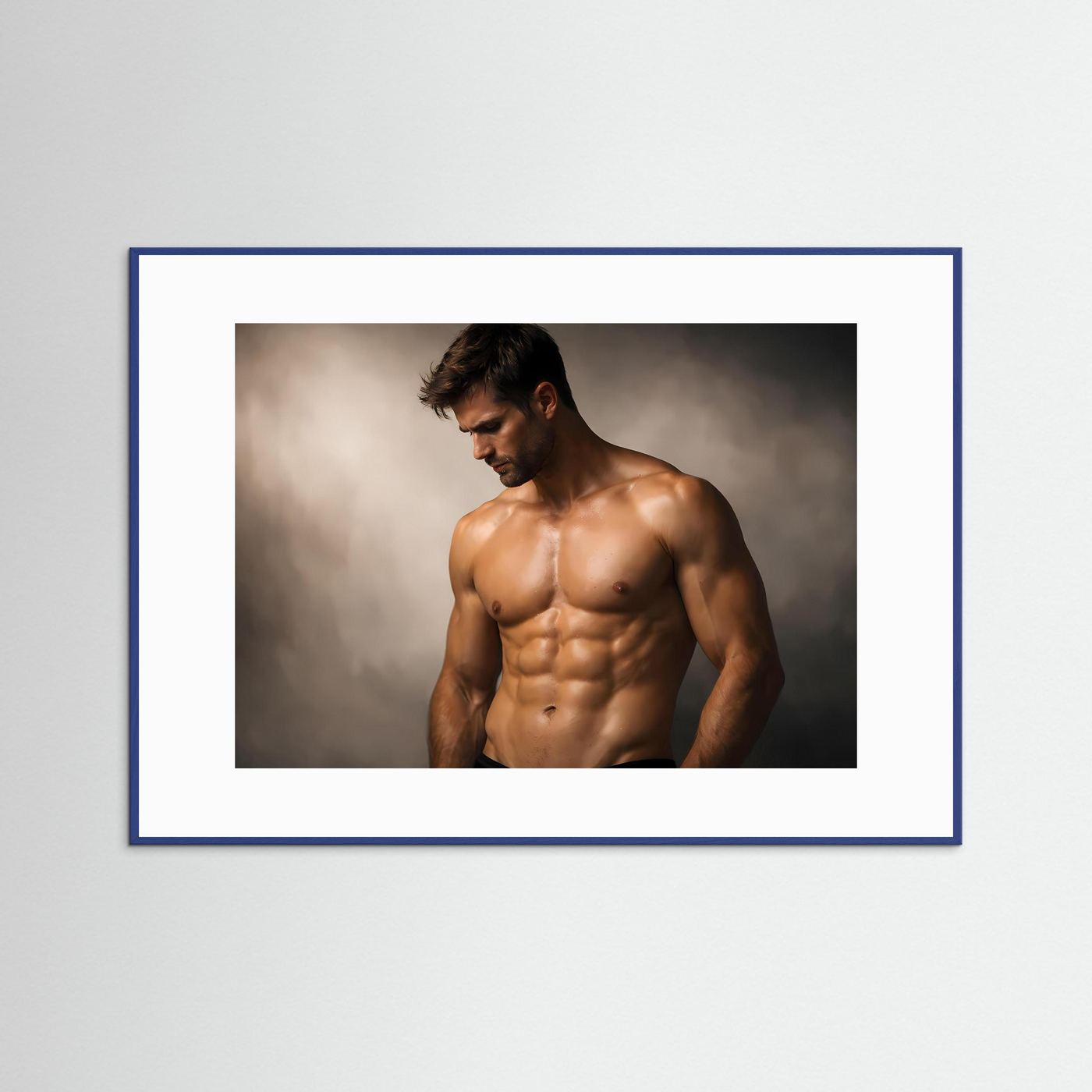 Fitness-Poster mit muskulösem Männeroberkörper, blickt nach unten, im blauen Rahmen
