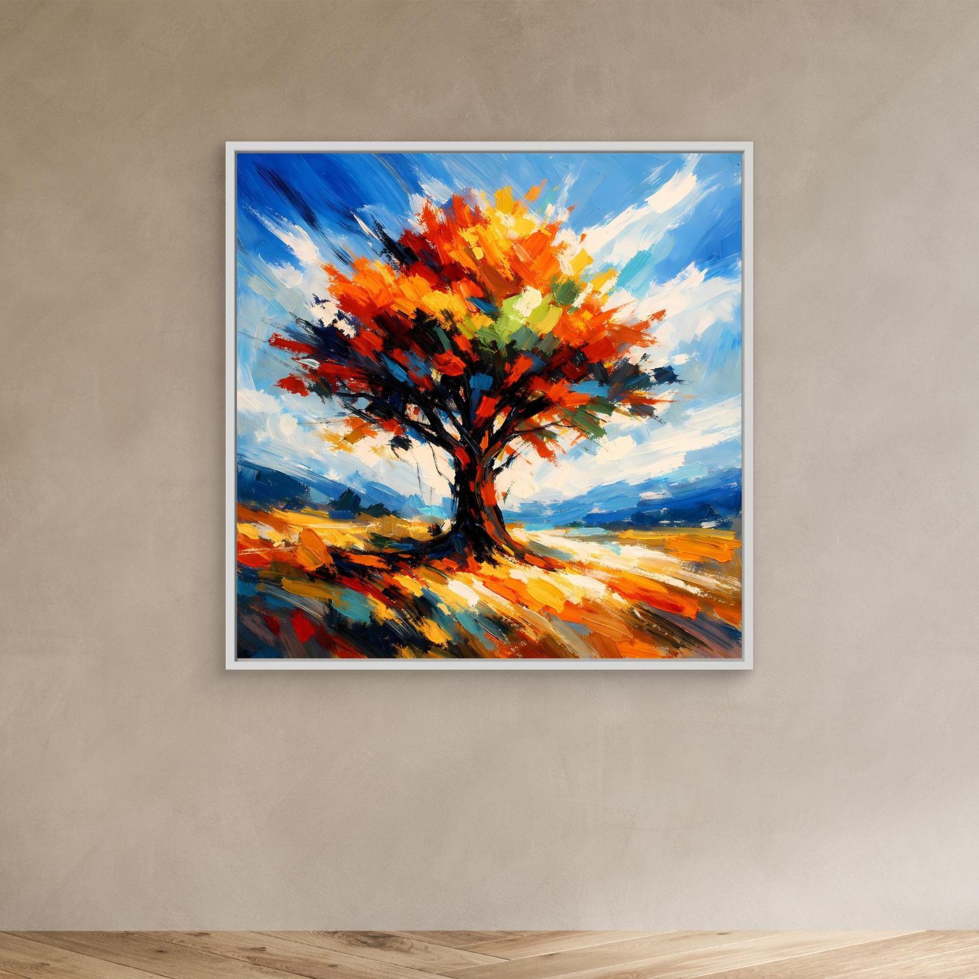 Leinwandbild mit Herbstbaum in Impasto-Optik, orangefarbene Krone, weißer Rahmen
