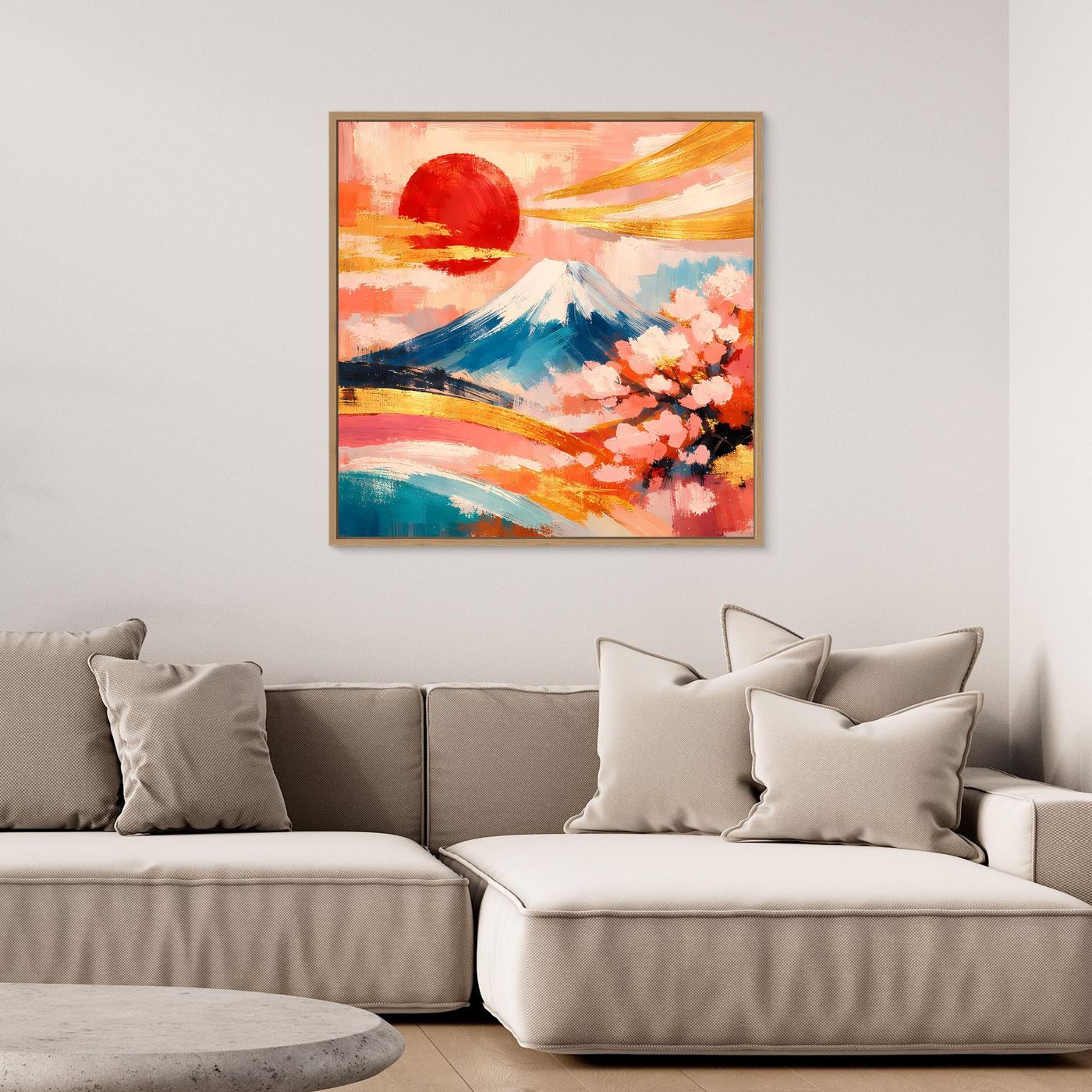 Leinwandbild im schwarzen Rahmen mit Fuji-Berg, roter Sonne und Kirschblüten