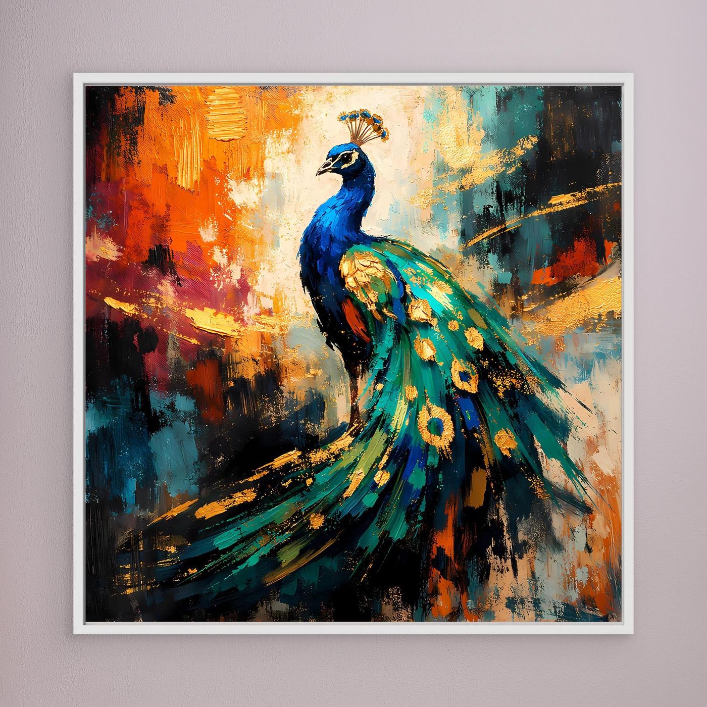 Leinwandbild mit leuchtendem Pfau-Motiv, weißer Rahmen
