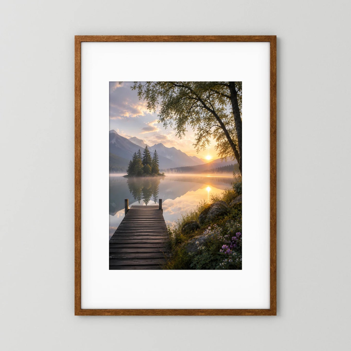 Bergsee mit Holzsteg | Sonnenuntergang in ruhiger Berglandschaft | Poster Hochformat