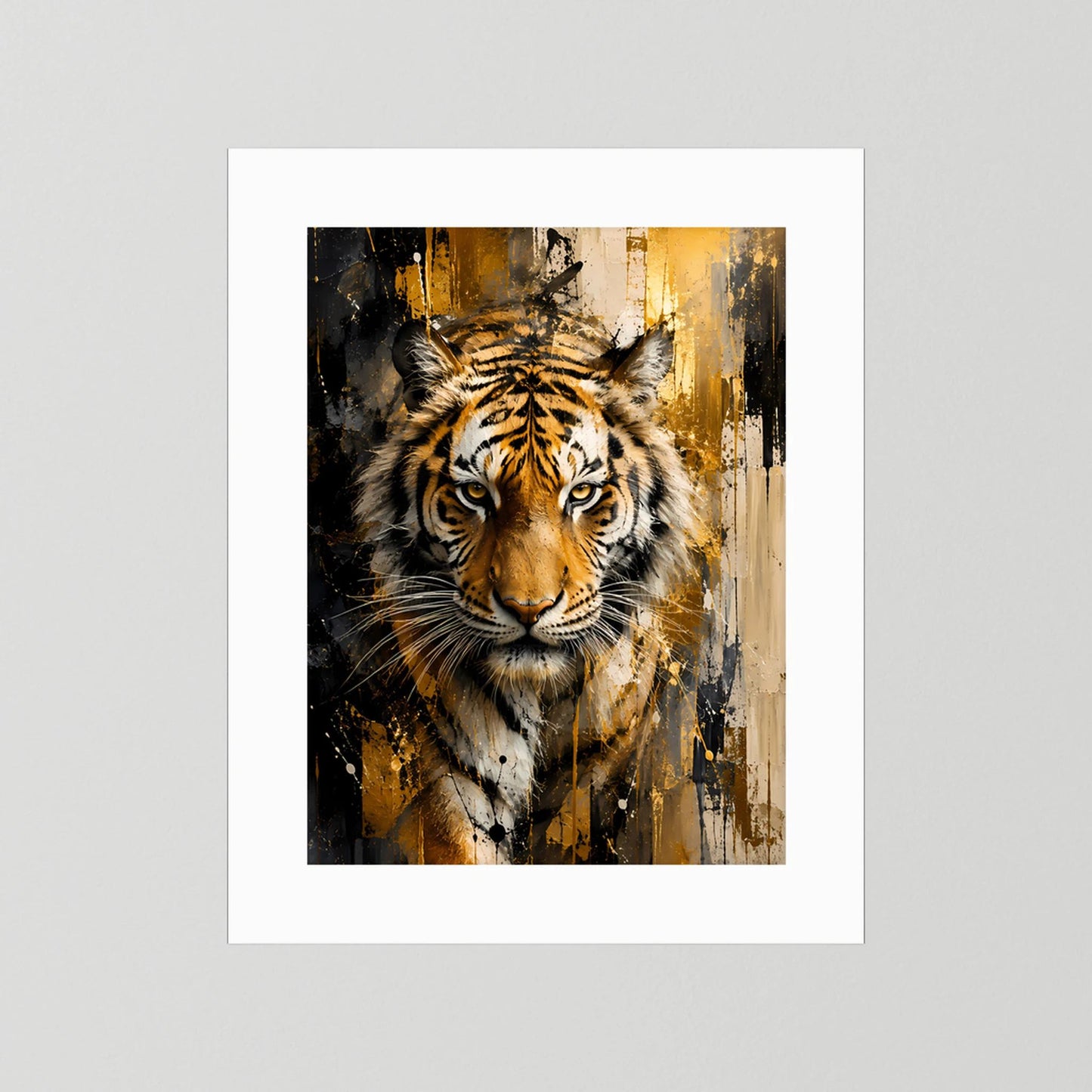 Tigerkunstposter ohne Rahmen, mit weißem Rand, abstraktes Raubtierporträt in Gold und Schwarz.