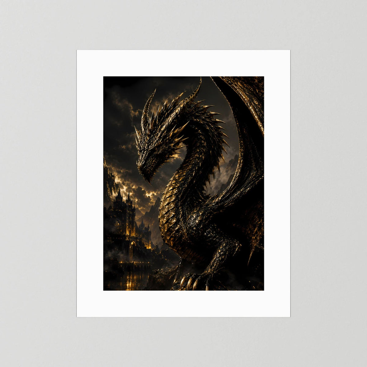 Poster im weißen Rahmen mit schwarzem Drachen in Goldtönen