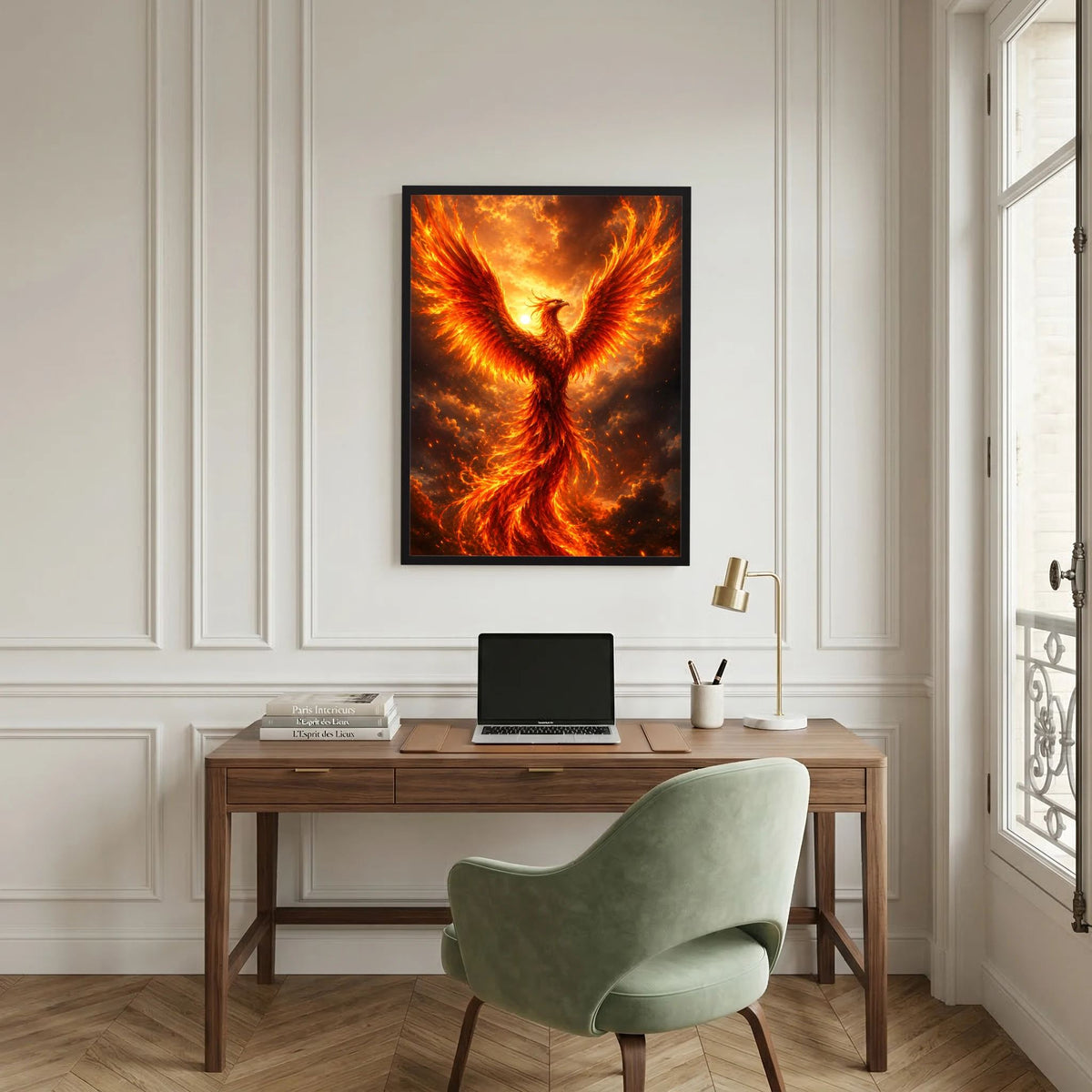 Quadratisches Poster mit schwarzem Rahmen: Phönixmotiv aus Flammen und Funken