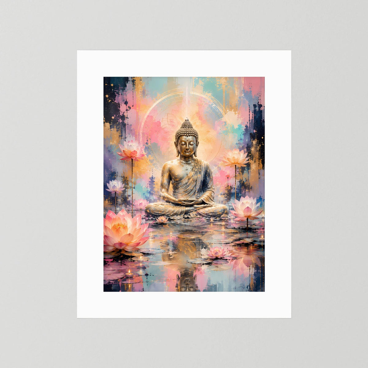 Posterabzug mit meditierendem Buddha, goldene Figur und Lotusblüten, nur mit weißem Passepartout