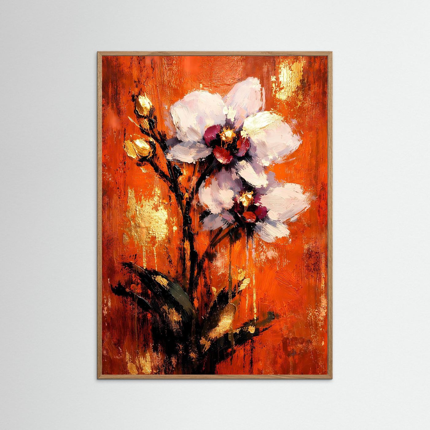 Gerahmtes Orchideen-Kunstposter: heller Holrahmen, orangefarbener Hintergrund, weiße Blüten