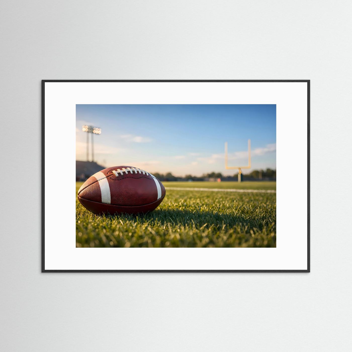 Sportposter Querformat mit American-Football auf grünem Rasen, Stadion-Licht, schwarzer Rahmen