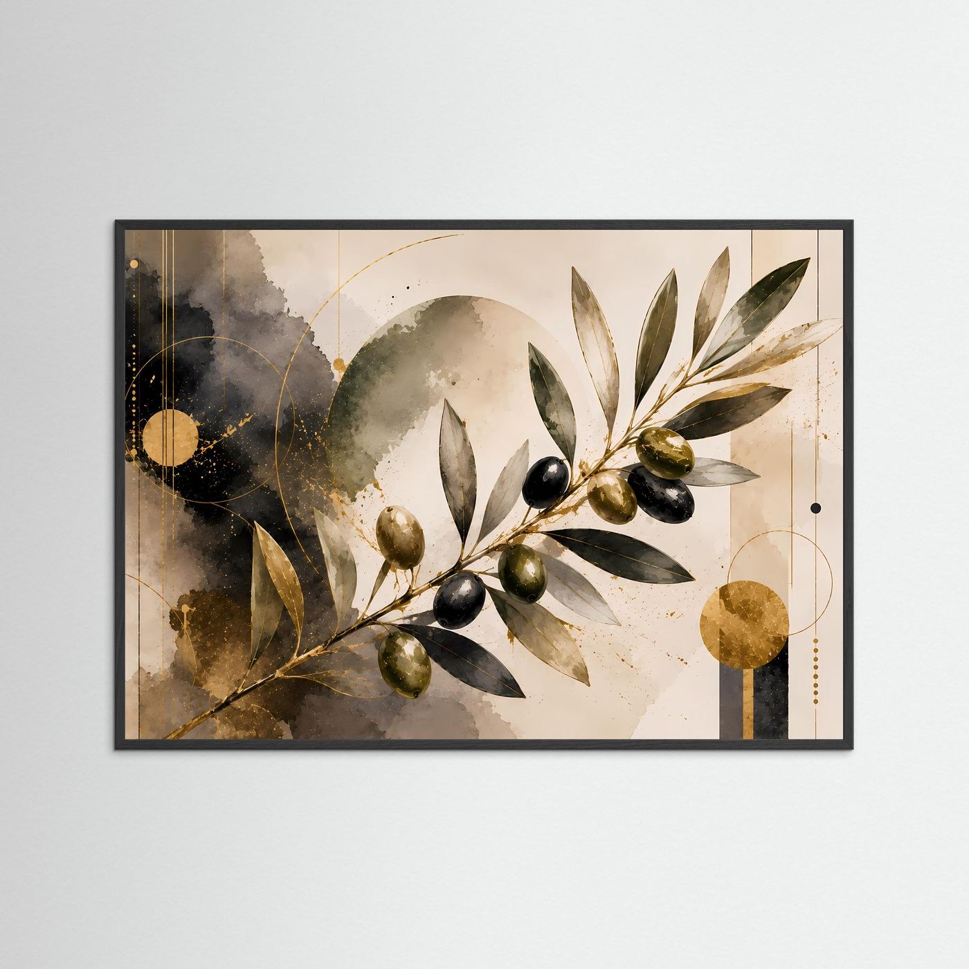 Gerahmtes Poster mit Olivenzweig in Schwarz und Gold, Blätter und Oliven, Querformat