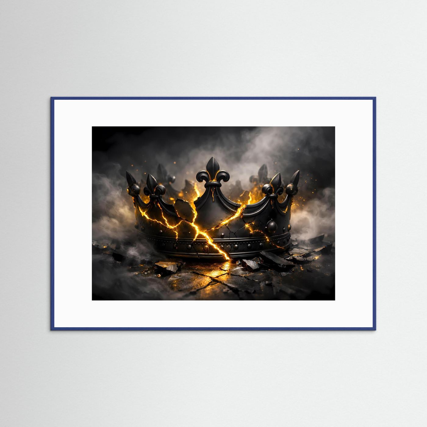 Wandposter mit zerbrochener schwarzer Krone und goldenen Leuchtlinien, blauer Rahmen