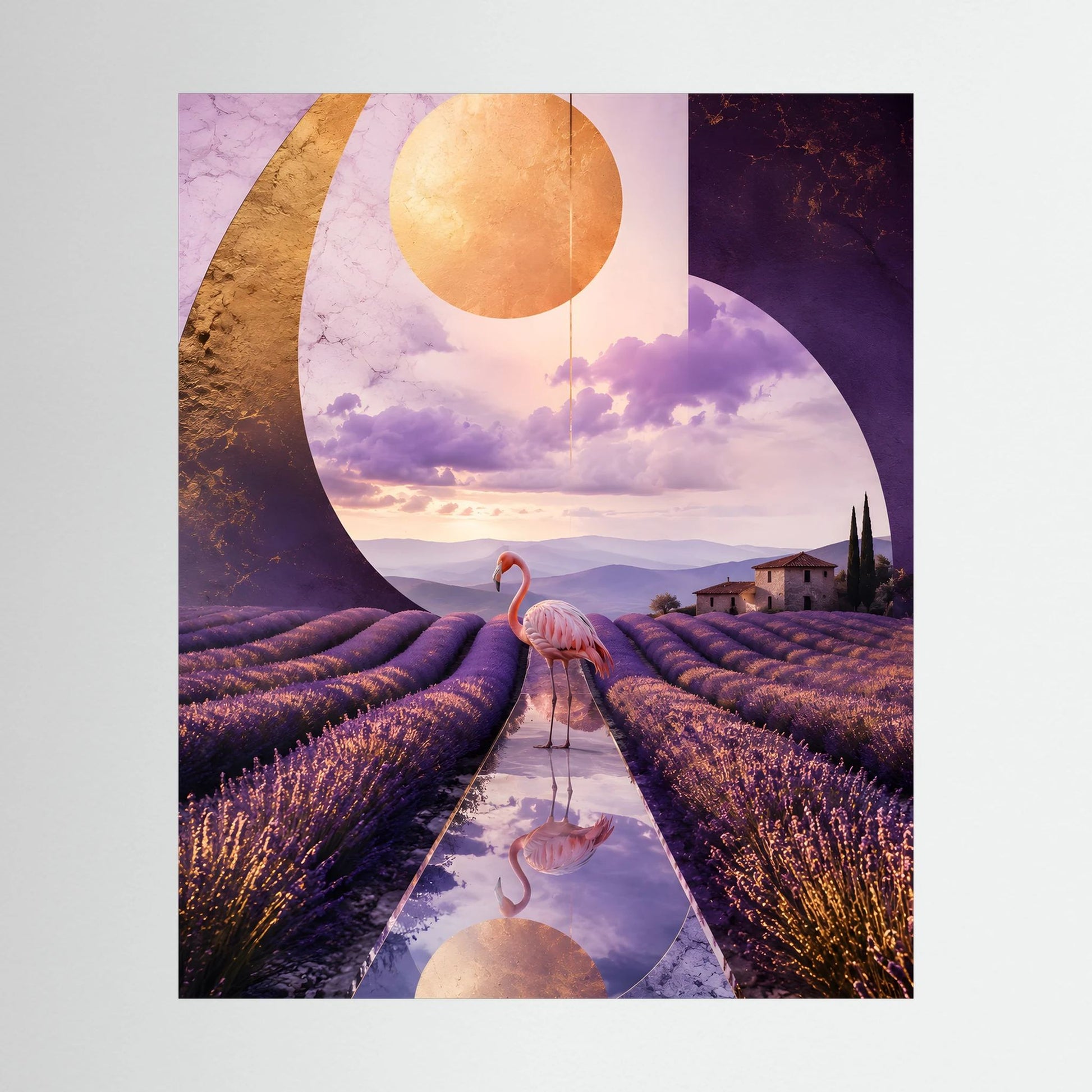 Hochformatiges Kunstposter mit Flamingos auf Lavendelfeld und goldener Kreisform am Himmel
