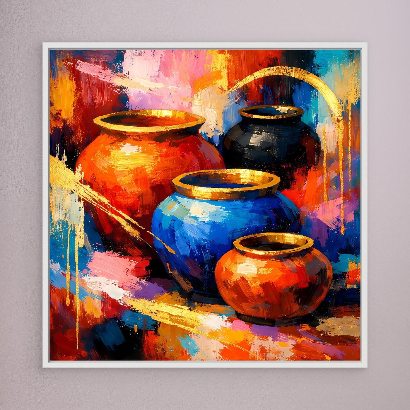 Leinwandbild mit abstrakten Keramikvasen in Orange, Blau und Rot, heller Rahmen