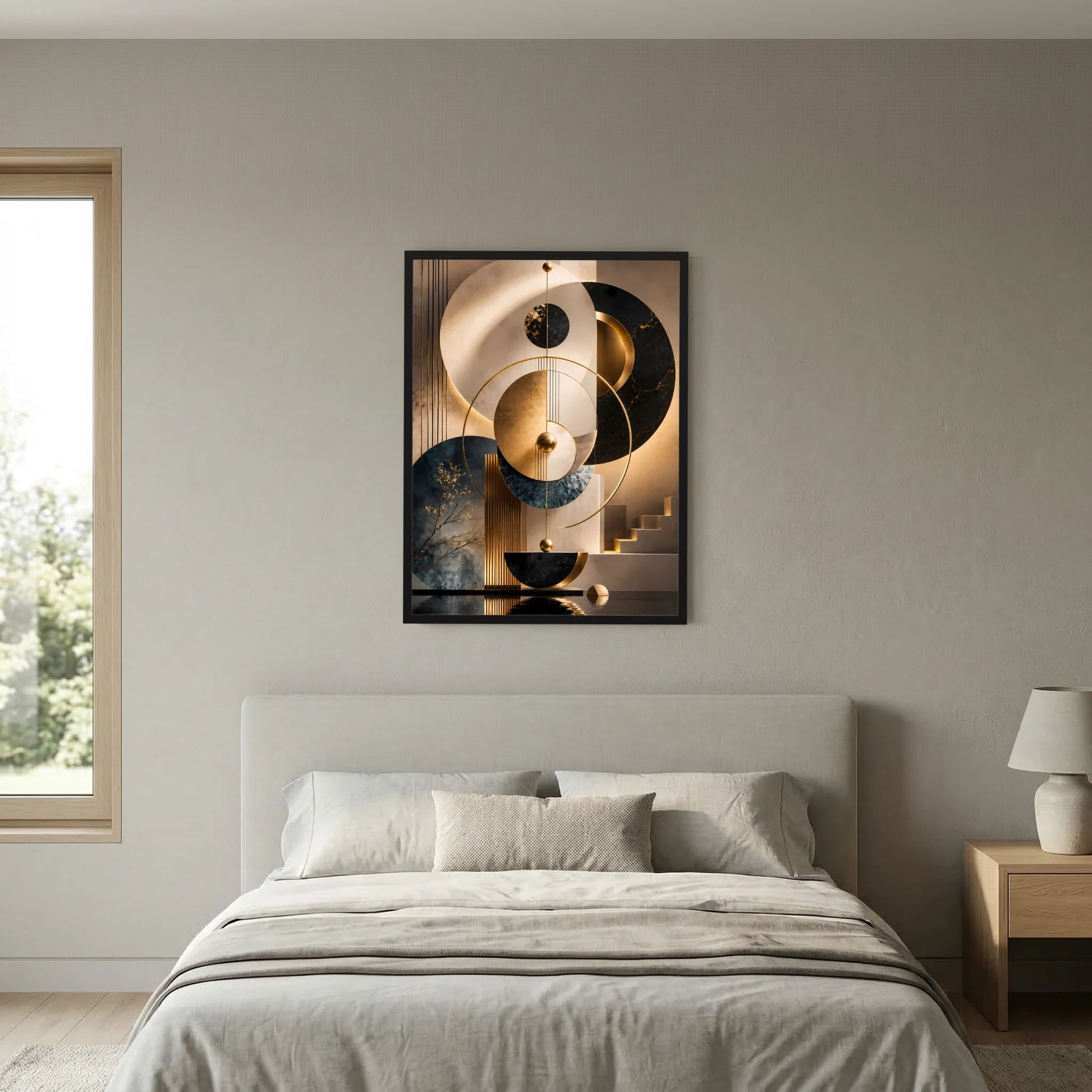 Vertikales Poster mit abstrakten goldenen Kreisformen in Schwarz, Beige und Petrol im schwarzen Rahmen
