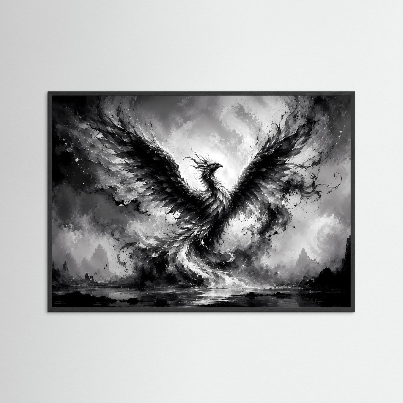 Phönix aus Licht und Schatten | Mystische Schwarz-Weiß Wandkunst – Abstrakter Feuervogel