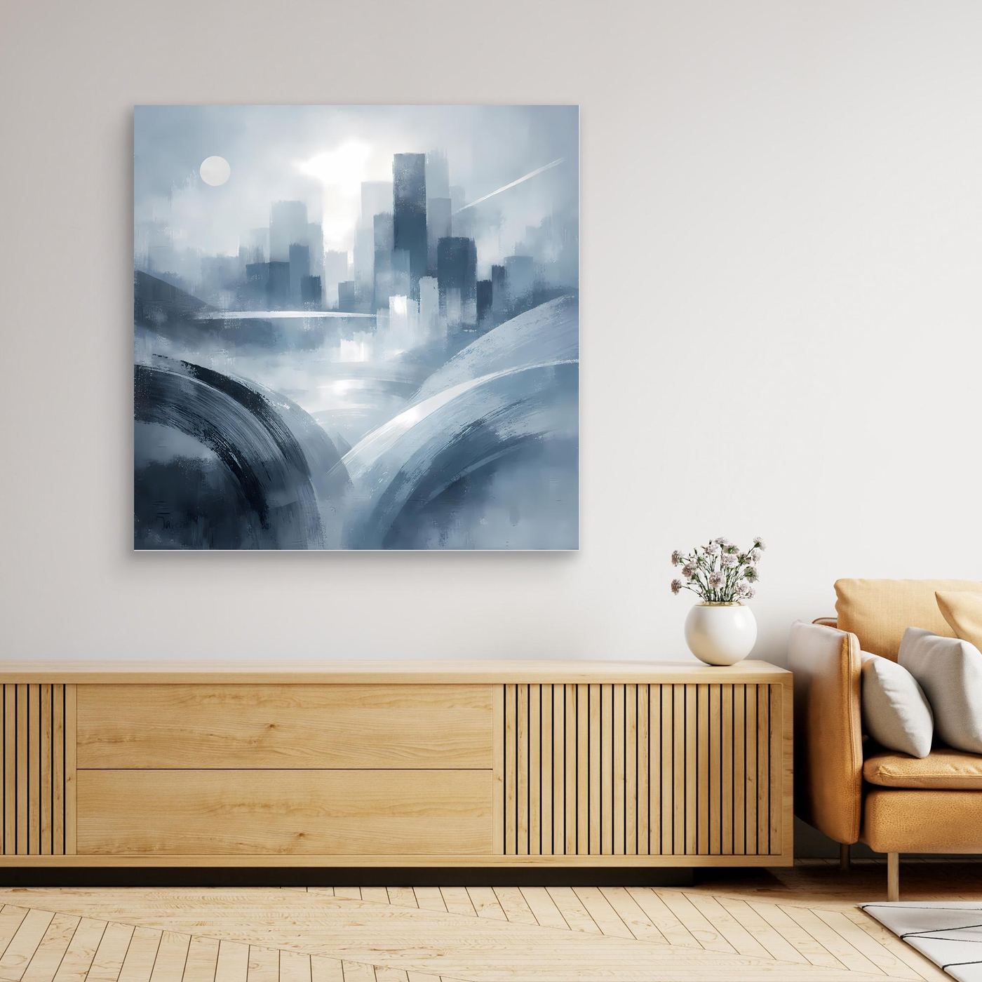 Leinwandbild mit abstrakter Skyline in Blau-Grau an der Wand