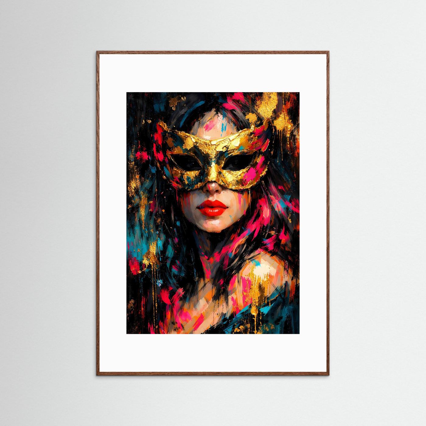 Kunstposter mit Porträt einer Frau in bunter venezianischer Maske, brauner Holzrahmen