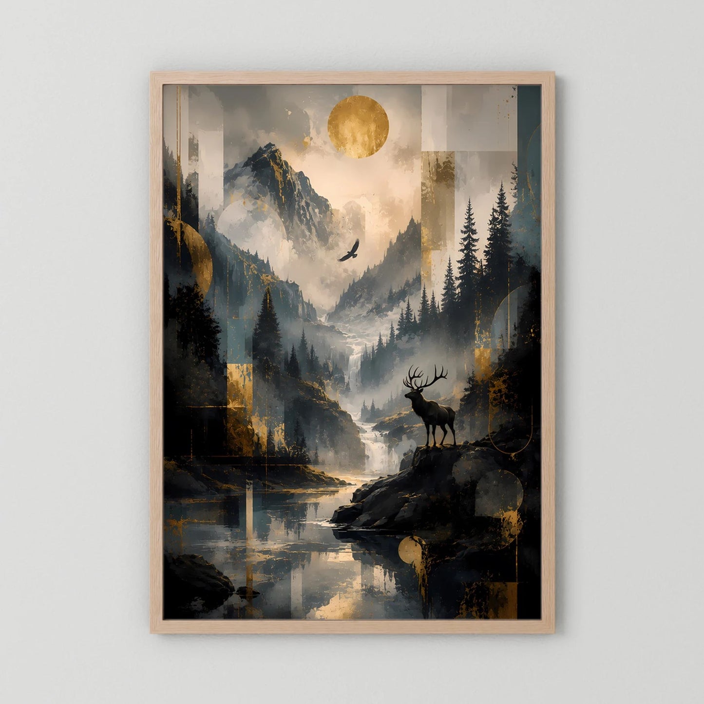 Hochformatiges Poster mit Hirsch auf Felsinsel, Mond über Bergwald, heller Holzrahmen