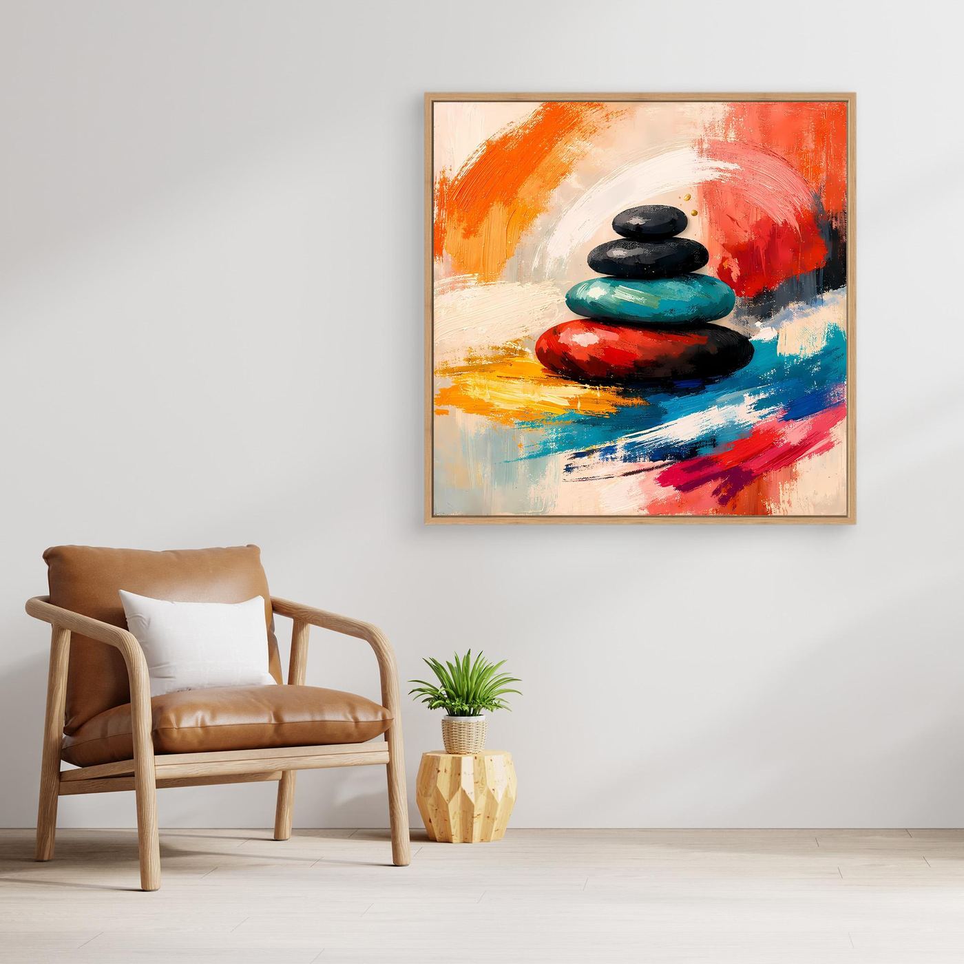 Zen-Wandbild auf Leinwand mit gestapelten Steinen, goldfarbene Einfassung