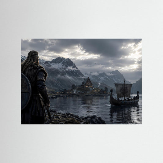 Wikinger-Poster im Querformat: Langschiff im Fjord vor Bergkulisse