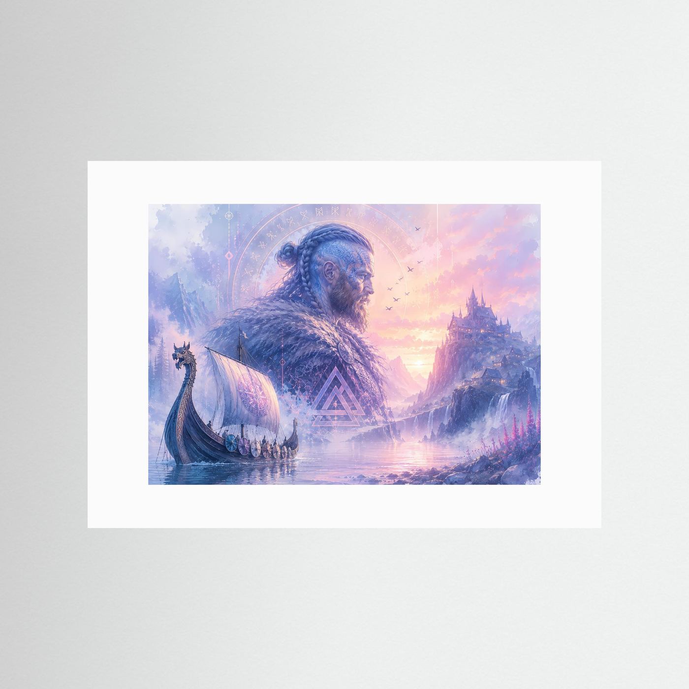 Mystischer Wikinger vor Nordischer Burg | Fantasy Viking Poster Querformat