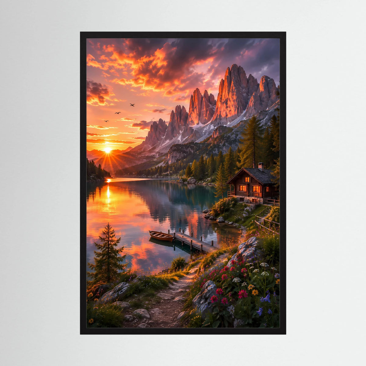 Hochformatiges Poster mit Sonnenuntergang, See und Berghütte, schwarzer Rahmen