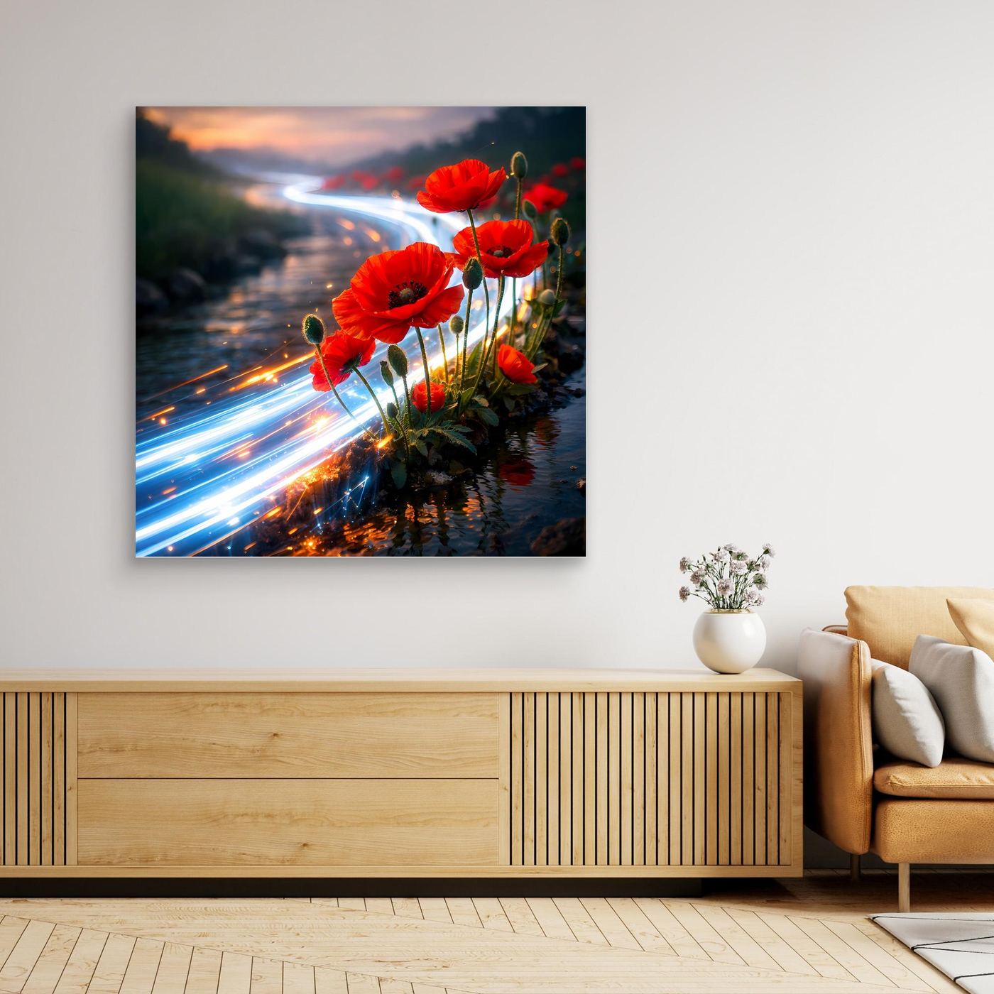 Leinwandbild mit roten Mohnblumen und Lichtfluss über Wasser, abstrakte Landschaft