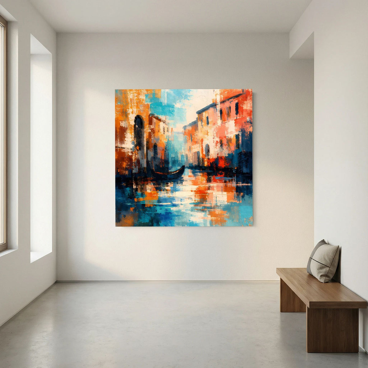 Abstraktes Leinwand-Wandbild mit Gondel und Häusern, orange-blaue Farbflächen an der Wand.